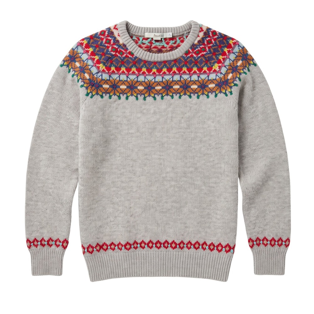 Boden Gray Fair Isle Wool Blend Pom Pom Sweater US 6 UK 10 Crewneck Pullover